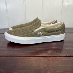 Vans Classic Slip-On Sneakers – Green Pinstripe Suiting Fabric - Men’s 9